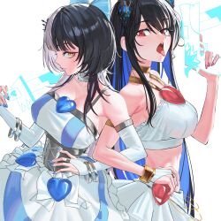 2girls absurdres asymmetrical_horns black_hair blue_hair blue_nails bow bracelet breasts cleavage colored_inner_hair cosplay crystal_horns demon_horns dress grey_hair hair_ornament highres hololive hololive_english horns jewelry large_breasts long_hair looking_at_viewer massiveyog midriff mole mole_under_eye multicolored_hair multiple_girls nerissa_ravencroft open_mouth panty_&amp;_stocking_with_garterbelt panty_(psg) panty_(psg)_(cosplay) red_eyes shiori_novella simple_background skirt split-color_hair stocking_(psg) stocking_(psg)_(cosplay) striped_clothes two-tone_hair uneven_horns very_long_hair virtual_youtuber white_background white_skirt yellow_eyes