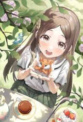 1girl absurdres alternate_costume animal_ears blush brown_eyes cake casual commentary_request food forehead gakuen_idolmaster grass highres holding idolmaster kuramoto_china long_hair looking_at_viewer perilpoint sitting squirrel tea teapot
