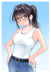 1girl bare_shoulders belt black-framed_eyewear black_belt black_hair blue_background blue_pants border denim glasses gradient_background hands_on_own_hips jeans original outside_border pants ponytail shirt sleeveless sleeveless_shirt smile solo white_border white_shirt yamanaka_kouji_(yanchiki2001)