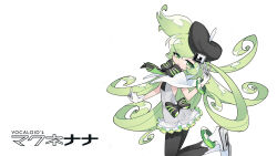 1girl :o akatsuki_gomoku anklet apple_inc. back_bow backless_dress backless_outfit bad_source bangle beret black_pantyhose boots bow bracelet capelet character_name dress frilled_dress frills gloves green_eyes green_hair hand_up hat headphones highres index_finger_raised jewelry jumping looking_back macintosh macne_nana_petit macne_series negative_space official_art one_side_up pantyhose platform_boots second-party_source short_dress solo striped_bow twisted_torso vocaloid white_dress white_gloves