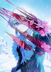 2girls absurdres blue_eyes clenched_teeth commentary_request double_exposure girls_band_cry grey_eyes grey_hair hair_between_eyes highres iseri_nina kawaragi_momoka long_hair looking_at_viewer low_twintails multiple_girls open_mouth red_hair short_hair short_twintails snow teeth twintails ydpfa