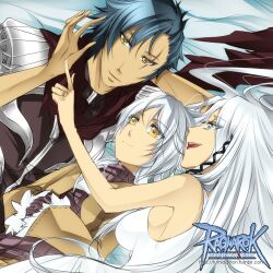 1girl 2boys armor assassin_cross_(ragnarok_online) blue_hair breasts brown_jacket brown_shirt closed_mouth commentary copyright_name dark_skin english_commentary family father_and_son fumiddition green_eyes hetero jacket logo long_hair long_sleeves looking_at_another medium_breasts mother_and_son multiple_boys open_mouth pauldrons ragnarok_online scar scar_across_eye scar_on_face scarf shirt short_hair shoulder_armor shrug_(clothing) smile thief_(ragnarok_online) torn_clothes torn_scarf upper_body watermark web_address white_hair yellow_eyes