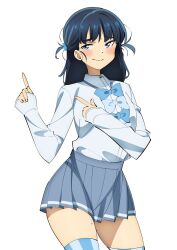 1girl arms_up basori_tiara blue_bow blue_eyes blue_hair bow breasts collared_shirt commentary cowboy_shot grey_skirt highres long_hair long_sleeves make_heroine_ga_oo_sugiru! medium_breasts mole mole_on_thigh pleated_skirt sakura_1110ssmm shirt simple_background skirt solo striped_clothes striped_thighhighs thighhighs v vertical-striped_clothes vertical-striped_thighhighs w w_over_eye white_background white_shirt