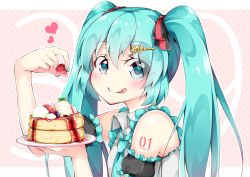 00s 1girl 39 aqua_eyes aqua_hair aqua_nails aqua_necktie bare_shoulders blush commentary_request eyes_visible_through_hair female_focus food frilled_sleeves frills fruit hair_ornament hair_ribbon hairclip hatsune_miku heart holding holding_food holding_plate inumine_aya jam long_hair looking_at_viewer matching_hair/eyes multicolored_ribbon nail_polish necktie pancake plate ribbon solo strawberry tongue tongue_out twintails upper_body vocaloid