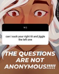 1boy absurdres artist_name black_background blush brown_eyes close-up collarbone covered_mouth dark-skinned_male dark_skin elgd english_text highres lifeweaver_(overwatch) looking_at_viewer male_focus meme overwatch parted_bangs pervert raised_eyebrows surprised text_focus the_questions_are_not_anonymous_(meme) thick_eyebrows v-neck wavy_hair white_hair wide-eyed