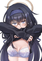 1girl bags_under_eyes black_hair black_shirt blue_archive blush bow bow_bra bra breasts brown_halo clothes_lift commentary_request crossed_bangs doraje dot_nose frilled_bra frills glasses hair_between_eyes hairband halo highres lace lace-trimmed_bra lace_trim long_hair looking_at_viewer purple_eyes purple_hairband raised_inner_eyebrows round_eyewear shirt shirt_lift simple_background small_breasts solo translated ui_(blue_archive) underwear undressing wavy_mouth white_background white_bra