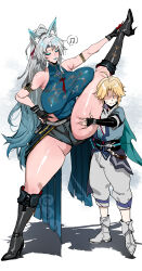 Rule 34 | 1boy, 1girl, age difference, animal ears, armlet, aventurine (honkai: star rail), b.sa (bbbs), bare shoulders, blonde hair, blue eyes, blush, boots, breasts, closed eyes, fingerless gloves, gloves, hetero, high heel boots, high heels, highres, honkai: star rail, honkai (series), huge breasts, jewelry, long hair, onee-shota, ponytail, shorts, sleeveless, smile, split, standing, standing on one leg, standing split, tall female, thick thighs, thighs, very long hair, yanqing (honkai: star rail)