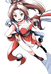 Rule 34 | 1girl, bare shoulders, breasts, brown eyes, brown hair, cleavage, collarbone, fatal fury, female focus, hand fan, hand on own hip, highres, holding, holding fan, ikaringo (ikaringo4444), large breasts, looking at viewer, open mouth, pale skin, pelvic curtain, shiranui mai, smile, snk, solo, standing, the king of fighters, white background