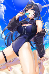 1girl absurdres arm_support beach black_jacket blue_eyes blue_hair blue_one-piece_swimsuit blue_sky breasts cahryos cleavage cleavage_cutout clothing_cutout cloud cropped_jacket day feet food food_in_mouth hair_intakes halo head_chain highres holding holding_food holding_popsicle hololive hololive_english jacket jewelry kneeling large_breasts leaning_back mechanical_halo ocean one-piece_swimsuit open_clothes open_jacket ouro_kronii ouro_kronii_(holonatsu_paradise) popsicle popsicle_in_mouth sand sandals seashell shell shore single_off_shoulder sky solo swimsuit thigh_strap toes turtleneck turtleneck_one-piece_swimsuit virtual_youtuber white_sandals