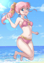 Rule 34 | 1girl, absurdres, barefoot, blue eyes, blue sky, breasts, cloud, commentary request, day, hair ribbon, highres, hizaki tomoko, horizon, jumping, long hair, medium breasts, navel, ocean, open mouth, original, outdoors, pink background, pink hair, ponytail, ribbon, sky, smile, solo, watermark