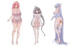 3girls absurdres ahoge albion_(a_fairy-tale_breakfast)_(azur_lane) albion_(azur_lane) ass azur_lane babydoll bare_shoulders barefoot blue_eyes blue_hair blush braid breasts closed_mouth covered_navel evertsen_(azur_lane) evertsen_(basking_by_the_window)_(azur_lane) from_behind full_body grey_hair hand_on_own_chest highres huge_breasts kazan_(azur_lane) kazan_(the_warm_morning_sunshine)_(azur_lane) lace lace-trimmed_thighhighs lace_trim large_breasts light_blush long_hair looking_at_viewer looking_back low_twin_braids medium_breasts medium_hair multiple_girls official_alternate_costume panties parted_lips pink_babydoll pink_hair pointy_ears purple_eyes see-through_babydoll see-through_clothes she_taizi shirt simple_background sketch smile standing thighhighs toes twin_braids underwear very_long_hair white_background white_panties white_shirt white_thighhighs