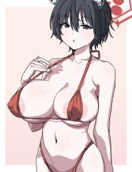 1girl animal_ear_fluff animal_ears areola_slip bikini black_eyes black_hair blue_archive breasts covered_erect_nipples hair_between_eyes halo highres large_breasts looking_at_viewer navel red_bikini red_halo short_hair solo stomach swimsuit tamaya tsubaki_(blue_archive)