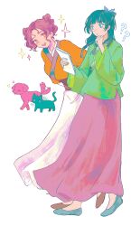 2girls :d ? beamed_eighth_notes blue_eyes brown_shoes cat chinese_clothes dog dotlery freckles hair_up hanfu heart highres kusuriya_no_hitorigoto long_hair long_skirt maomao_(kusuriya_no_hitorigoto) multiple_girls musical_note open_mouth red_skirt shisui_(kusuriya_no_hitorigoto) shoes skirt smile sparkle standing tail tail_wagging tongue tongue_out walking white_skirt wide_sleeves yellow_eyes