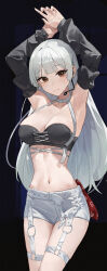 1girl absurdres armpits arms_up bandeau bare_shoulders bboringirl belt black_background black_bandeau breasts brown_eyes choker cleavage closed_mouth commentary_request commission cowboy_shot detached_sleeves earpiece halterneck highres indie_virtual_youtuber korean_commentary long_hair long_sleeves looking_at_viewer mac_star medium_breasts midriff navel short_shorts shorts simple_background skindentation smile solo stomach strapless thigh_strap thighs tube_top very_long_hair virtual_youtuber white_choker white_hair white_shorts