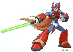 1boy absurdres android armor blonde_hair chest_jewel dauntedx energy_sword forehead_jewel full_body helmet highres holding holding_sword holding_weapon long_hair male_focus mega_man_(ruby-spears) mega_man_(series) mega_man_x_(series) red_armor red_helmet simple_background solo sword weapon white_background z_saber zero_(mega_man)