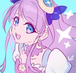 absurdres blue_background blue_eyes blue_ribbon blunt_bangs brooch collar collarbone crescent crescent_earrings crescent_hair_ornament cure_selene detached_collar dress earrings eyelashes frilled_dress frills hair_ornament hair_ribbon happy high_collar highres jewelry kaguya_madoka long_hair looking_at_viewer open_mouth parted_bangs pointy_nose precure puffy_short_sleeves puffy_sleeves purple_collar purple_dress purple_hair ribbon shipu_(gassyumaron) short_sleeves sidelocks signature simple_background smile sparkle star_twinkle_precure stud_earrings very_long_hair white_sleeves