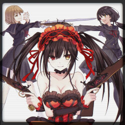 3girls black_hair black_shirt black_skirt blonde_hair breasts brown_hair character_request cleavage date_a_live dress dual_wielding gun heterochromia highres holding holding_gun holding_weapon long_hair looking_at_viewer low_twintails medium_breasts multiple_girls red_dress red_eyes saint_laurent_paris shirt skirt tokisaki_kurumi twintails weapon yellow_eyes