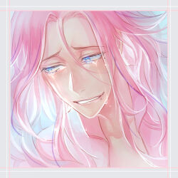 Rule 34 | 1boy, alternate hair color, bike jersey, blue background, blush, border, collarbone, crying, crying with eyes open, curtained hair, eyelashes, furrowed brow, grey border, hair between eyes, hair over shoulder, inset border, jacket, long hair, looking to the side, makishima yuusuke, male focus, mkprbot, mole, mole under eye, mole under mouth, multicolored hair, multiple moles, nose blush, open clothes, open jacket, parted bangs, pink border, pink hair, portrait, raised inner eyebrows, sad smile, smile, solo, streaked hair, tears, wavy hair, white border, yowamushi pedal