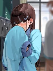 1girl blue_jacket blurry blurry_background blurry_foreground blush brown_eyes brown_hair classroom commentary_request crying depth_of_field funi_mu9 hair_behind_ear hair_between_eyes hair_ornament hairclip highres indoors jacket long_hair long_sleeves looking_at_viewer original solo_focus tears translation_request window
