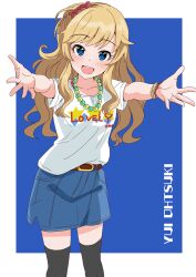 1girl bead_necklace beads belt black_thighhighs blonde_hair blue_eyes brown_belt character_name clothes_writing collarbone denim denim_skirt gyaru highres idolmaster idolmaster_cinderella_girls illustscody jewelry long_hair looking_at_viewer necklace ohtsuki_yui open_mouth outstretched_arms shirt short_sleeves sidelocks skirt smile solo spread_arms standing strap teeth thighhighs upper_teeth_only wavy_hair white_shirt