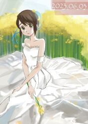 bleach blue_ribbon blush brown_eyes brown_hair bun_cover ching1217_fei dress flower hair_bun highres hinamori_momo light_smile looking_at_viewer ribbon short_hair sidelocks sleeveless sleeveless_dress white_dress