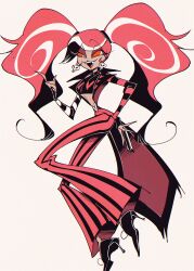 1girl absurdres biboroku_ak breasts dark-skinned_female dark_skin demon_girl hazbin_hotel high_heels highres looking_to_the_side medium_breasts multicolored_hair open_clothes pants pink_hair solo twintails two-tone_hair velvette_(hazbin_hotel)