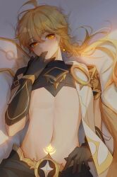 1boy absurdres aether_(genshin_impact) ahoge biting biting_glove black_gloves blonde_hair chinese_commentary commentary_request earrings elbow_gloves genshin_impact gloves highres jewelry long_hair midriff navel single_earring solo sunlight trap yellow_eyes yin01582942
