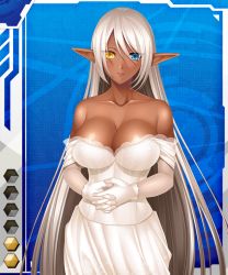 00s 1girl aikawa_arisa bare_shoulders blue_eyes blush breasts card_(blue-r) card_(medium) card_(r) cleavage dark_elf dark_skin dark-skinned_female elf female_focus heterochromia large_breasts lilith-soft long_hair looking_at_viewer nadra_baylor pointy_ears silver_hair smile solo standing taimanin_(series) taimanin_asagi taimanin_asagi_battle_arena_all_card_gallery taimanin_asagi_kessen_arena very_long_hair yellow_eye yellow_eyes