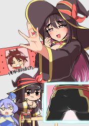 Rule 34 | 1boy, 2girls, :d, absurdres, asagaki togo, bandaid, bandaid on finger, black hair, black hat, black tube top, blue hair, blue hat, blush, breasts, colored inner hair, grey background, hat, hat ribbon, heart, heart-shaped pupils, highres, kizuna red, large breasts, long hair, maki-kun, mini hat, miniskirt, multicolored hair, multiple girls, open mouth, pink hair, red eyes, ribbon, sentai red ga isekai de boukensha ni naru, skirt, smile, strapless, symbol-shaped pupils, teltina liz wagrel alvarost, tube top, two-tone hair, wide sleeves, witch, witch hat, yihdra arvoln