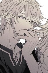 2boys alhaitham_(genshin_impact) arm_up collarbone collared_shirt commentary_request gem genshin_impact hand_in_another&#039;s_hair highres kaveh_(genshin_impact) long_hair looking_at_hand male_focus multiple_boys open_collar out_of_frame parted_bangs shirt simple_background solo_focus upper_body white_background wokome yaoi