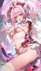 1girl akizero1510 alternate_breast_size aqua_eyes bikini breasts commentary drill_hair flower hat highres honkai:_star_rail honkai_(series) hyacine_(honkai:_star_rail) large_breasts little_ica_(honkai:_star_rail) looking_at_viewer multicolored_hair navel open_mouth pink_flower pink_hair rainbow red_hat smile solo stomach swimsuit symbol-only_commentary thighhighs thighs twin_drills twintails two-tone_hair w white_bikini white_thighhighs