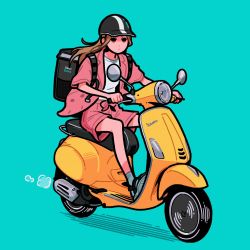 1girl aqua_background backpack bag brown_hair expressionless flat_color helmet highres long_hair miyoshi_yoshimi motor_vehicle original pink_shirt pink_shorts scooter shadow shirt short_sleeves shorts simple_background sitting solo vespa white_shirt