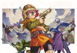 Rule 34 | 1girl, 3boys, black pants, black shorts, blue eyes, brown tunic, cape, chrono trigger, cloud, finger on trigger, frog, frog (chrono trigger), glasses, green cape, gun, headset, helmet, holding, holding gun, holding sword, holding weapon, lucca ashtear, magic, magus (chrono trigger), multiple boys, narita imomushi, pants, purple cape, purple hair, shorts, sword, tunic, weapon