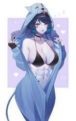1girl abs bikini bikini_top_only blue_eyes blue_hair blue_skin breasts chain choker cleavage collar colored_skin highres indie_virtual_youtuber large_breasts noodychaan onesie pijamas scar scar_across_eye scar_on_face solo spite_(vtuber) swimsuit tail virtual_youtuber wolf_girl wolf_tail