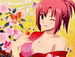1girl absurdres bug butterfly female_focus flower green_eyes highres insect koutaro one_eye_closed red_hair rio_rollins short_hair smile solo super_blackjack wink