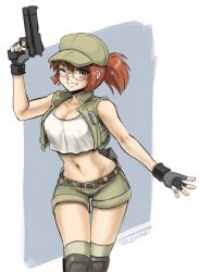 1girl ;d bare_shoulders baseball_cap belt black_gloves breasts brown_belt brown_eyes brown_hair brown_hat brown_shorts brown_vest cleavage collarbone commentary cowboy_shot crop_top cropped_vest finger_on_trigger fingerless_gloves fio_germi glasses gloves grey_background grin gun hand_up handgun hat highres holding holding_gun holding_weapon john_joseco knee_pads looking_at_viewer medium_breasts metal_slug midriff navel one_eye_closed open_clothes open_mouth open_vest ponytail round_eyewear shorts smile solo standing stomach tank_top two-tone_background vest weapon white_background white_tank_top