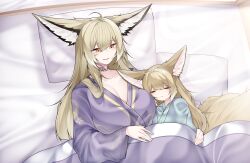2girls absurdres animal_ears arknights blonde_hair breasts cleavage closed_eyes closed_mouth commentary_request dated_commentary fox_ears fox_girl highres huge_breasts japanese_clothes kimono long_hair mother_and_daughter multiple_girls orange_eyes purple_kimono samip suzuran_(arknights) under_covers vulpisfoglia_(arknights)
