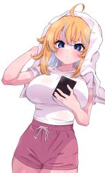 Rule 34 | 1girl, absurdres, blonde hair, blue eyes, blue hair, breasts, cowboy shot, highres, holding, holding phone, holding towel, indie virtual youtuber, laibaht, large breasts, mekato, phone, pink shorts, shirt, short sleeves, shorts, simple background, towel, towel on head, white background, white shirt