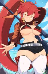1girl anti-materiel_rifle arm_behind_head belt bikini bikini_top_only black_bikini black_shorts blue_sky boota_(ttgl) boots breasts brown_jacket closed_mouth commentary cowboy_shot creature creature_on_shoulder flame_print gun gun_on_back highres jacket jellcaps large_breasts long_hair long_sleeves navel on_shoulder open_clothes open_jacket orange_eyes ponytail red_hair rifle short_shorts shorts sky smile sniper_rifle solo swimsuit tengen_toppa_gurren_lagann thigh_boots very_long_hair weapon weapon_on_back white_belt white_boots yoko_littner
