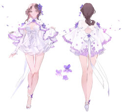 1girl anklet back_bow bare_legs bow braid breasts brown_hair cape_hold capelet check_copyright cleavage collared_cape copyright_request detached_sleeves dress eyelashes fingernails flower french_braid from_behind full_body grey_eyes hair_flower hair_ornament highres jewelry light_blush long_hair long_sleeves looking_at_viewer low_neckline low_ponytail multiple_views okku open_mouth original petals ponytail purple_flower sandals short_dress simple_background sleeves_past_wrists small_breasts smile straight-on strapless strapless_dress teeth toes white_background white_bow white_capelet white_dress white_footwear white_sleeves