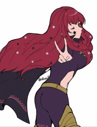 Rule 34 | 1girl, ass, black cape, bodysuit, breasts, cape, cleavage, clothing cutout, facial mark, fire emblem, fire emblem engage, gold belt, hair ornament, highres, long hair, looking at viewer, medium breasts, multicolored cape, nintendo, oda32t, one eye closed, purple bodysuit, red eyes, red hair, side cutout, simple background, smile, solo, star (symbol), star facial mark, star hair ornament, two-tone cape, v, white background, yunaka (fire emblem)