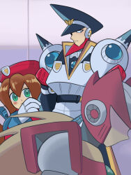 Rule 34 | 1girl, 2boys, android, armor, arms behind back, beret, blonde hair, blush, brother and sister, brown hair, chest jewel, closed mouth, colonel (mega man), dress, forehead jewel, from side, gloves, grabbing another&#039;s arm, gradient background, green eyes, hat, helmet, hiding, hiding behind another, highres, iris (mega man), jewelry, long hair, looking at another, mega man (series), mega man x4, mega man x (series), military, military hat, military uniform, multicolored dress, multiple boys, no eyes, no mouth, peaked cap, ponytail, red armor, red hat, red helmet, robot, robot ears, robot girl, shadow, shoulder armor, shoulder jewel, shoulder spikes, siblings, simple background, spikes, user xguj2433, very long hair, white armor, white gloves, zero (mega man)