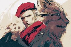 1boy animal beret blonde_hair closed_mouth commentary english_commentary hat highres jacket kannoaki lapels looking_ahead male_focus metal_gear_(series) metal_gear_solid_3:_snake_eater ocelot red_hat red_scarf revolver_ocelot scarf short_hair sketch solo upper_body