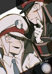 2boys black_coat black_hat blue_necktie brothers ccf2q closed_mouth coat collared_shirt emmet_(pokemon) finger_to_mouth gloves grey_eyes grey_trim hat high_collar highres ingo_(pokemon) long_sleeves looking_to_the_side looking_up male_focus multiple_boys necktie nintendo open_clothes open_coat open_mouth peaked_cap pokemon pokemon_bw sanpaku shirt short_hair siblings sideburns sideways_glance sleeve_cuffs smile upper_body white_coat white_gloves white_hat white_shirt wing_collar