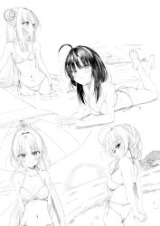 3: 4girls absurdres ahoge alternate_costume alternate_hairstyle arm_at_side arm_support arms_behind_back ass bare_arms bare_legs barefoot beach bikini black_hair blunt_bangs blunt_ends blush bow braid breasts closed_mouth collarbone commentary cowboy_shot double_bun feet from_behind from_side full_body furrowed_brow hair_bow hair_bun hair_intakes halterneck highres hime_cut hitachi_mako huge_ahoge interlocked_fingers knees_together_feet_apart large_breasts lena_liechtenauer long_hair looking_ahead looking_at_viewer looking_back lying medium_breasts monochrome multiple_girls murasame_(senren) navel ocean on_stomach outdoors own_hands_together parted_lips ponytail profile senren_banka short_hair_with_long_locks shy side-tie_bikini_bottom sidelocks single_braid small_breasts smile soles standing stomach straight_hair swimsuit the_pose toes tomotake_yoshino uoouchan v_arms very_long_hair wading wet