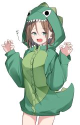 1girl absurdres blush brown_hair claw_pose dinosaur_costume fang green_eyes highres keito4f long_hair medium_hair original simple_background skin_fang solo standing white_background