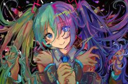 1girl akari_(akariimia) aqua_hair aqua_nails bare_shoulders black_background black_headphones black_sleeves blue_eyes blue_hair blue_necktie bright_pupils chimera_(vocaloid) collared_shirt detached_sleeves extra_arms eyelashes grey_shirt hair_between_eyes hair_ornament hands_on_own_shoulders happy hatsune_miku head_tilt headphones highres holding holding_own_hair interlocked_fingers long_hair long_sleeves looking_at_viewer mismatched_pupils multicolored_hair nail_polish necktie number_tattoo own_hands_clasped own_hands_together paint_splatter shirt shoulder_tattoo sleeveless sleeveless_shirt solo tattoo twintails two-tone_hair upper_body vocaloid white_pupils