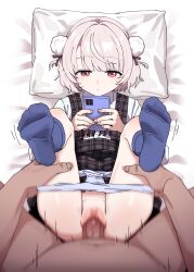 1boy 1girl absurdres black_dress blue_panties blue_socks cellphone censored closed_mouth clothed_sex commentary dress emotionless_sex grey_hair hair_ornament hetero highres holding holding_phone legs_up lying missionary mosaic_censoring motion_blur mozako no_shoes on_back panties panty_pull penis phone pillow pinafore_dress plaid_clothes plaid_dress pom_pom_(clothes) pom_pom_hair_ornament pov pov_crotch pussy red_eyes sex shirt short_hair sleeveless sleeveless_dress smartphone socks ui_(voisona) underwear vaginal voisona white_shirt