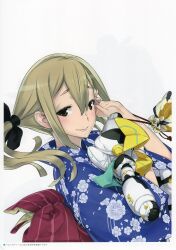 1girl absurdres back_bow bag blonde_hair blue_kimono blush bow brown_eyes check_clothing clothing_request floral_print floral_print_kimono floral_print_sleeves fukuda_tomonori hair_between_eyes hair_bow hair_ribbon highres holding holding_bag japanese_clothes kimono kinchaku koujiro_frau long_hair looking_at_viewer multiple_hair_bows obi obijime official_art pouch print_kimono ribbon robotics;notes sash sidelocks simple_background smile solo striped_bow toy toy_robot twintails white_background