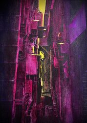 absurdres alley back_alley building color_contrast complex_exterior crosshatching dark hatching_(texture) highres ibsukionsen industrial_pipe linear_hatching no_humans original outdoors purple_theme scenery sky traditional_media yellow_sky